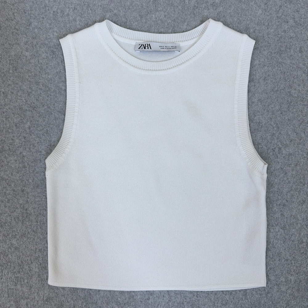 Zara White Knit Tank Top Cropped Sleeveless Sweater Crew Neck Womens Size Medium